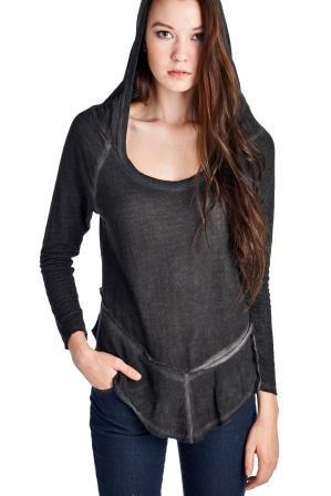Women's Long Sleeve Hooded Vintage Wash Top Tops - Tophatter Daily Deals