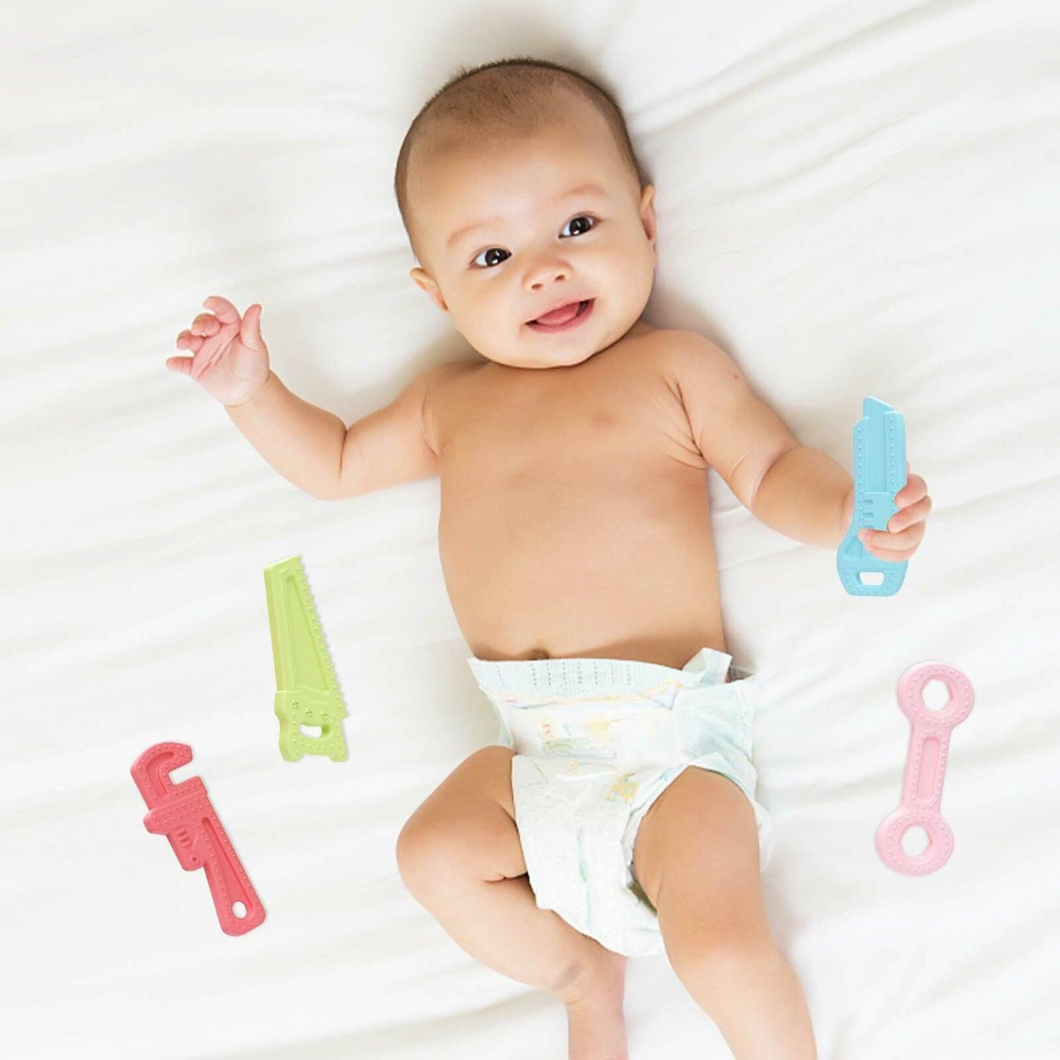 Teething Toys for Babies - Silicone Baby Molar Teether Chew Toys with Pacifier Clips, Hammer Wrench Spanner Pliers Shape Baby Toys for Stimulates Dental Tools - Tophatter Daily Deals