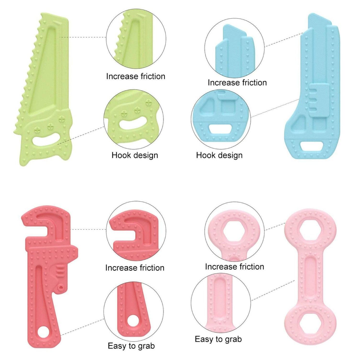 Teething Toys for Babies - Silicone Baby Molar Teether Chew Toys with Pacifier Clips, Hammer Wrench Spanner Pliers Shape Baby Toys for Stimulates Dental Tools - Tophatter Daily Deals