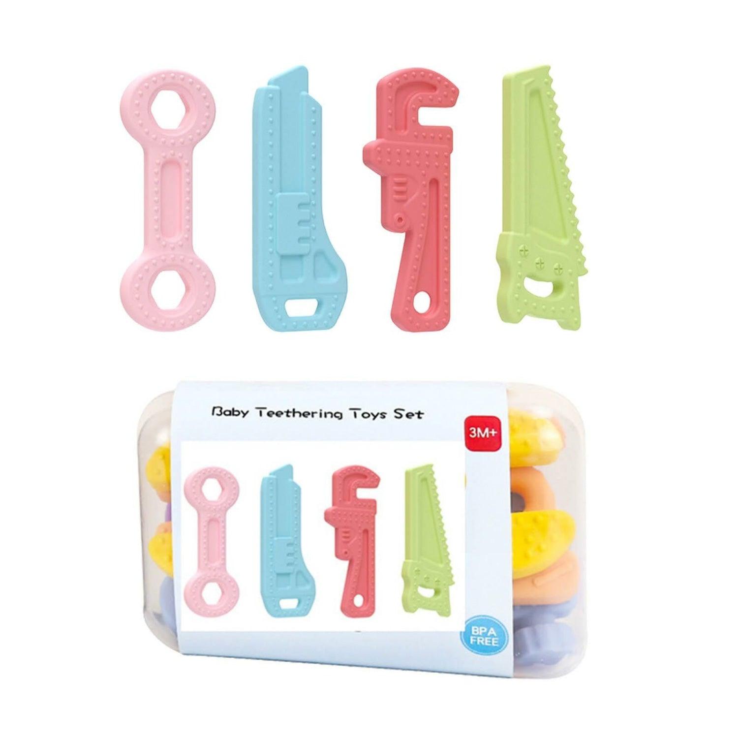 Teething Toys for Babies - Silicone Baby Molar Teether Chew Toys with Pacifier Clips, Hammer Wrench Spanner Pliers Shape Baby Toys for Stimulates Dental Tools - Tophatter Daily Deals