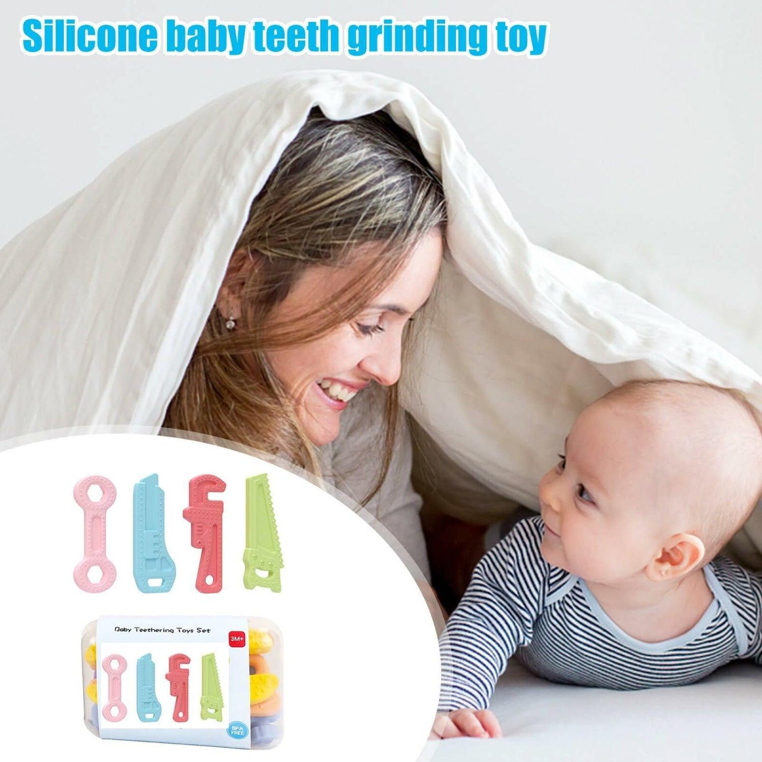 Teething Toys for Babies - Silicone Baby Molar Teether Chew Toys with Pacifier Clips, Hammer Wrench Spanner Pliers Shape Baby Toys for Stimulates Dental Tools - Tophatter Daily Deals