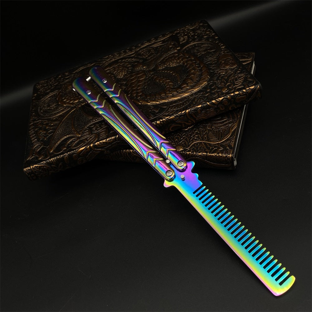 Stainless Steel Blunt Blade Rainbow Color Sword Head Comb Balisong Training Knife EDC - Tophatter Daily Deals