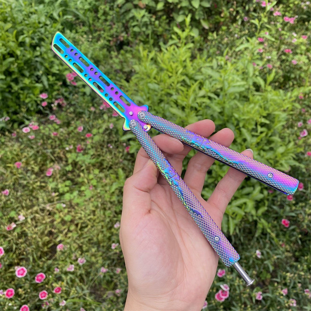 Stainless Steel Rainbow Color Scorpion Relief Blunt Blade Balisong Butterfly Knife Trainer Trainer C - Tophatter Daily Deals