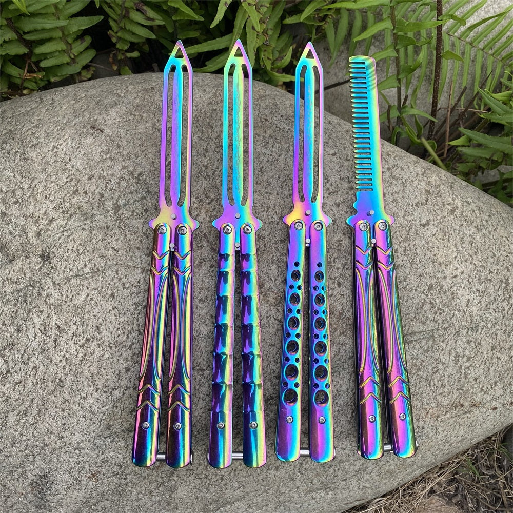 Stainless Steel Blunt Blade Rainbow Color Sword Head Comb Balisong Training Knife EDC 4 in 1 Pack - Tophatter Daily Deals
