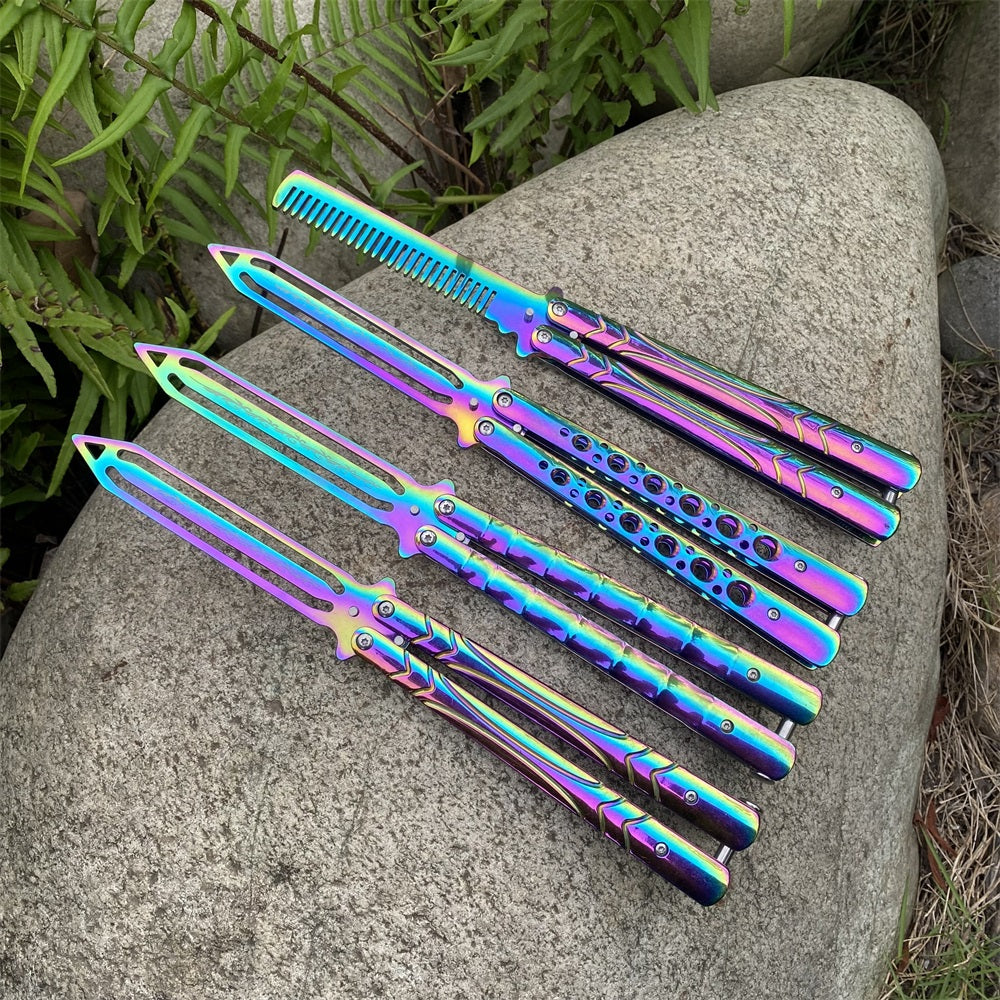 Stainless Steel Blunt Blade Rainbow Color Sword Head Comb Balisong Training Knife EDC - Tophatter Daily Deals