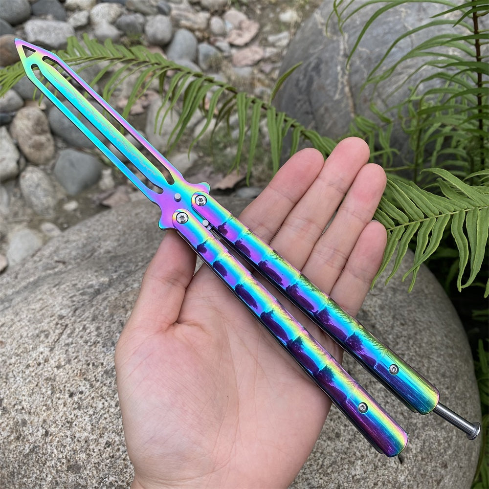 Stainless Steel Blunt Blade Rainbow Color Sword Head Comb Balisong Training Knife EDC A Only - Tophatter Daily Deals
