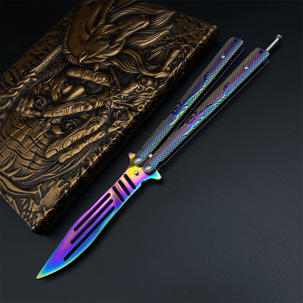 Stainless Steel Rainbow Color Scorpion Relief Blunt Blade Balisong Butterfly Knife Trainer - Tophatter Daily Deals