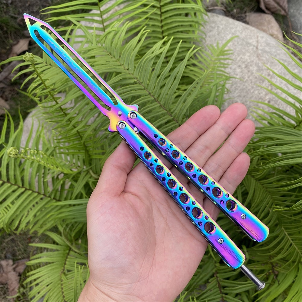 Stainless Steel Blunt Blade Rainbow Color Sword Head Comb Balisong Training Knife EDC B Only - Tophatter Daily Deals