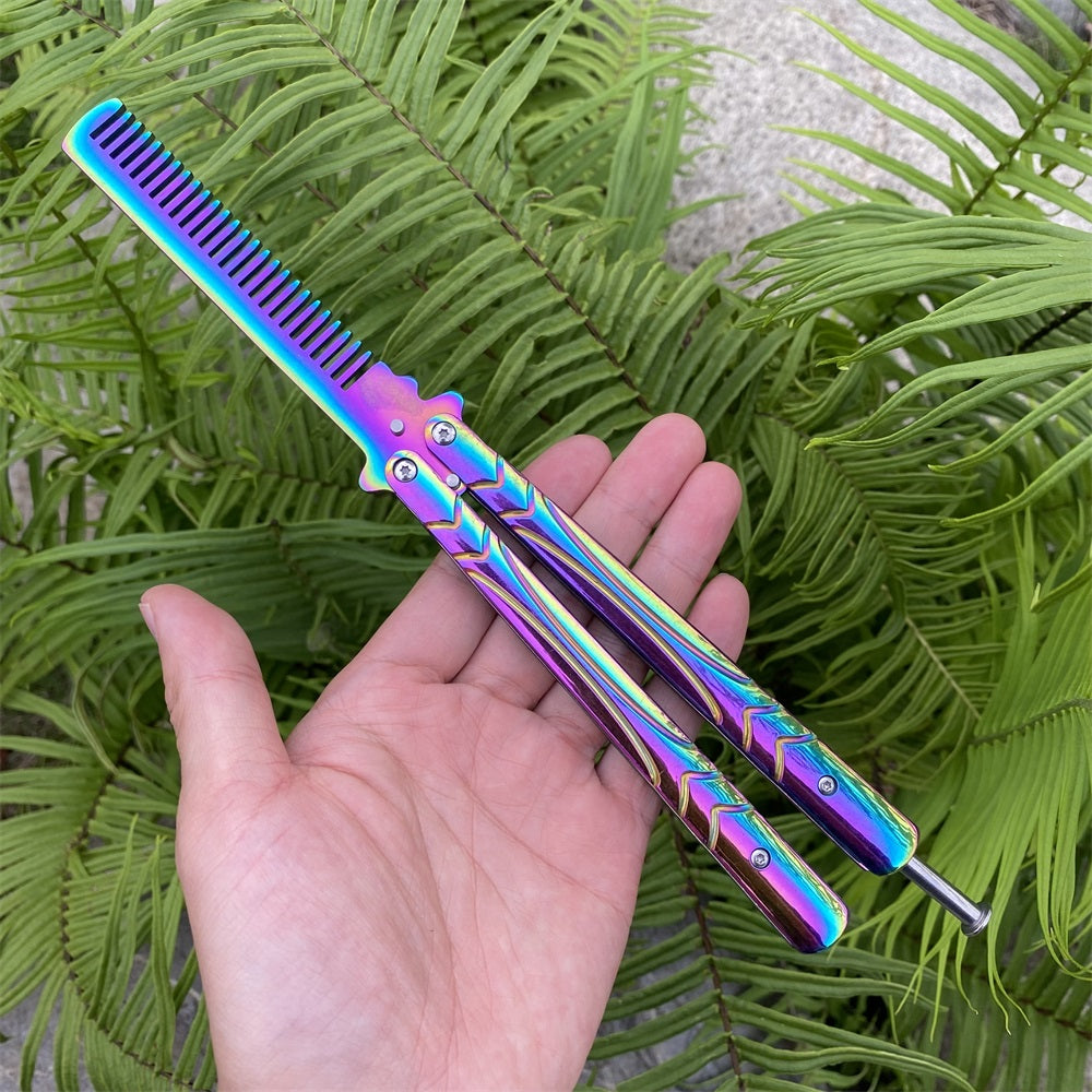 Stainless Steel Blunt Blade Rainbow Color Sword Head Comb Balisong Training Knife EDC C Only - Tophatter Daily Deals