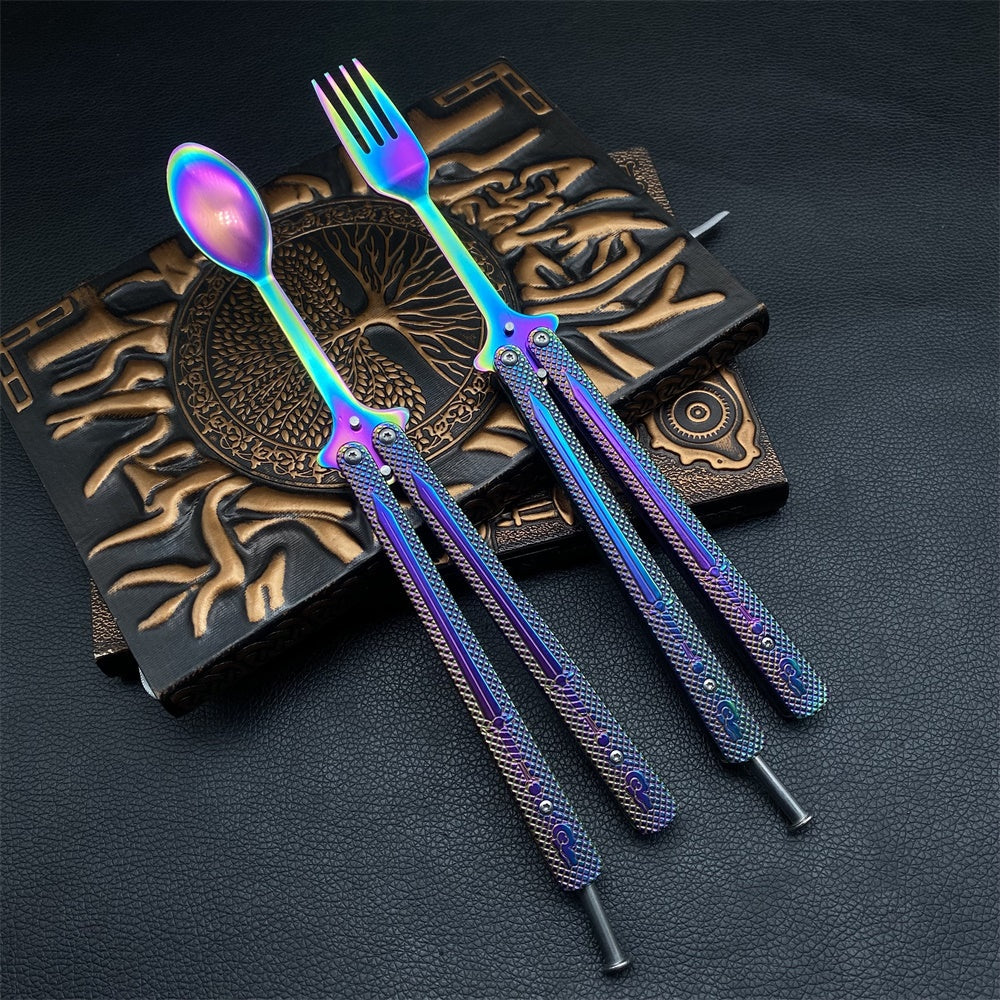 Stainless Steel Rainbow Fork Spoon Balisong Butterfly Trainer 2 in 1 Pack - Tophatter Daily Deals