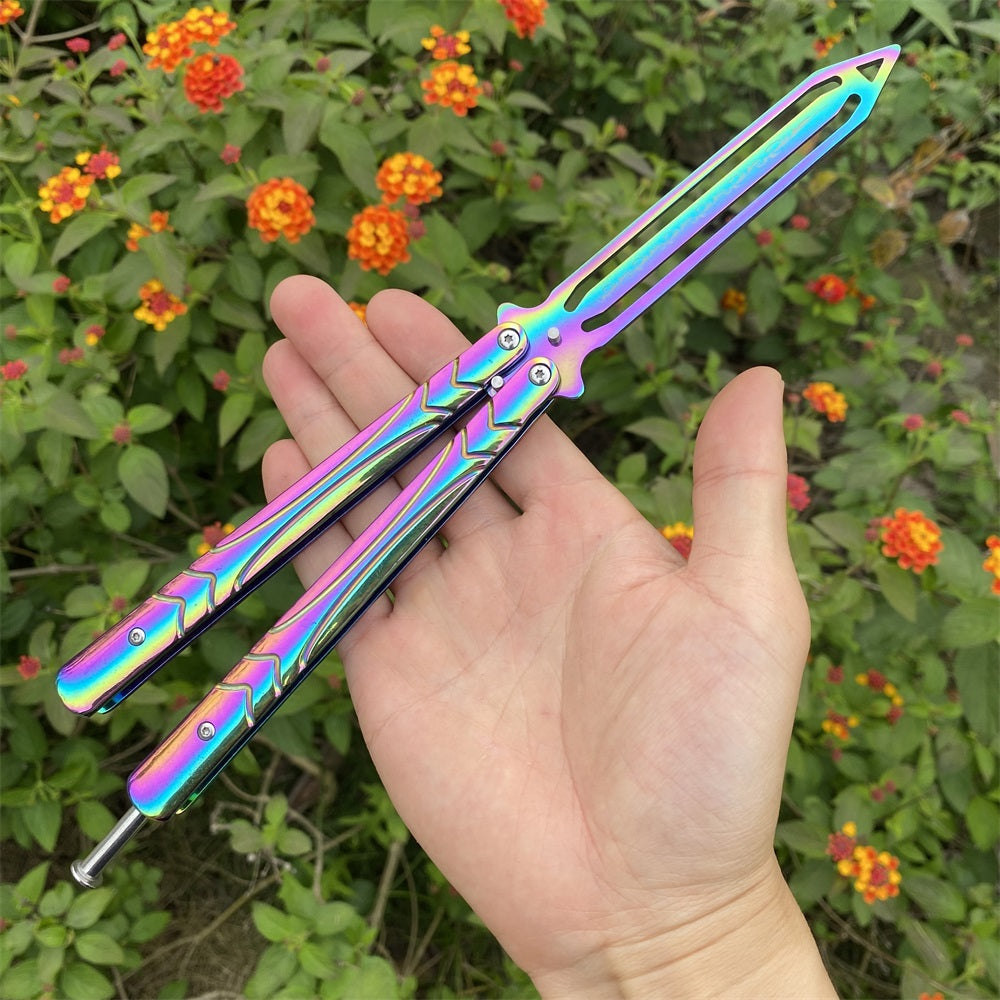 Stainless Steel Blunt Blade Rainbow Color Sword Head Comb Balisong Training Knife EDC D Only - Tophatter Daily Deals