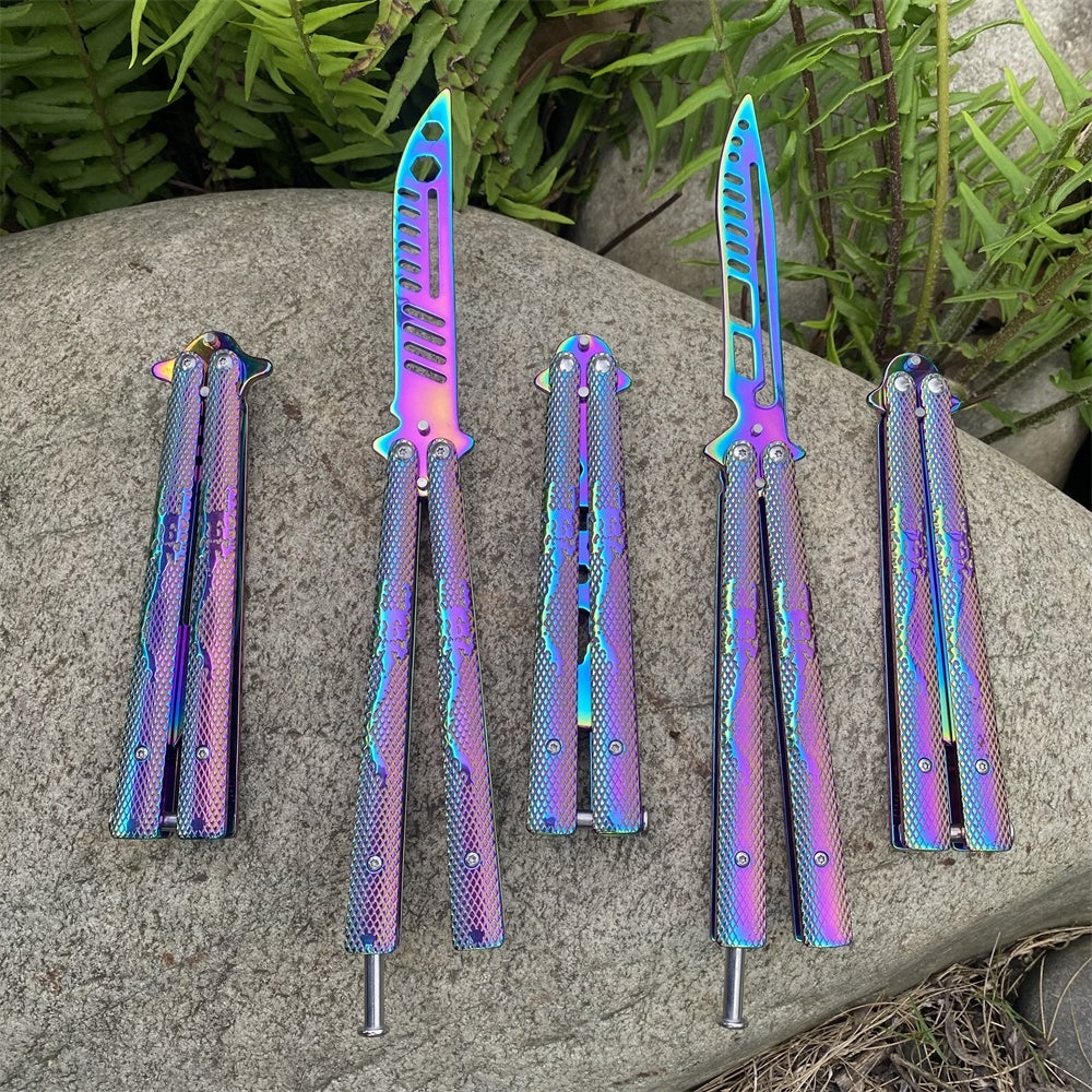 Stainless Steel Rainbow Color Scorpion Relief Blunt Blade Balisong Butterfly Knife Trainer - Tophatter Daily Deals