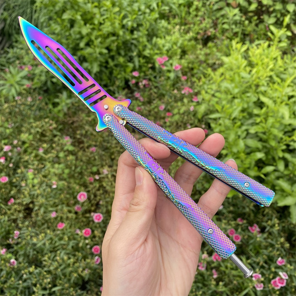 Stainless Steel Rainbow Color Scorpion Relief Blunt Blade Balisong Butterfly Knife Trainer Trainer D - Tophatter Daily Deals