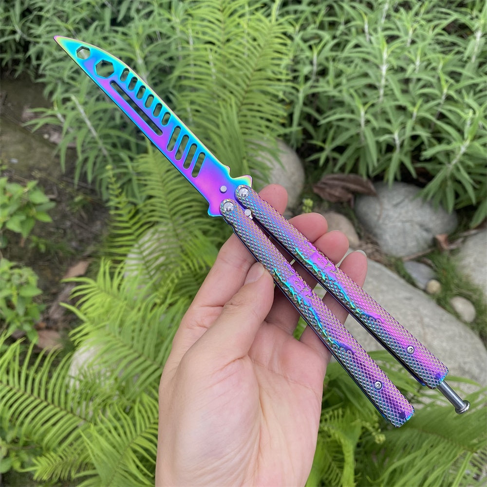 Stainless Steel Rainbow Color Scorpion Relief Blunt Blade Balisong Butterfly Knife Trainer Trainer E - Tophatter Daily Deals