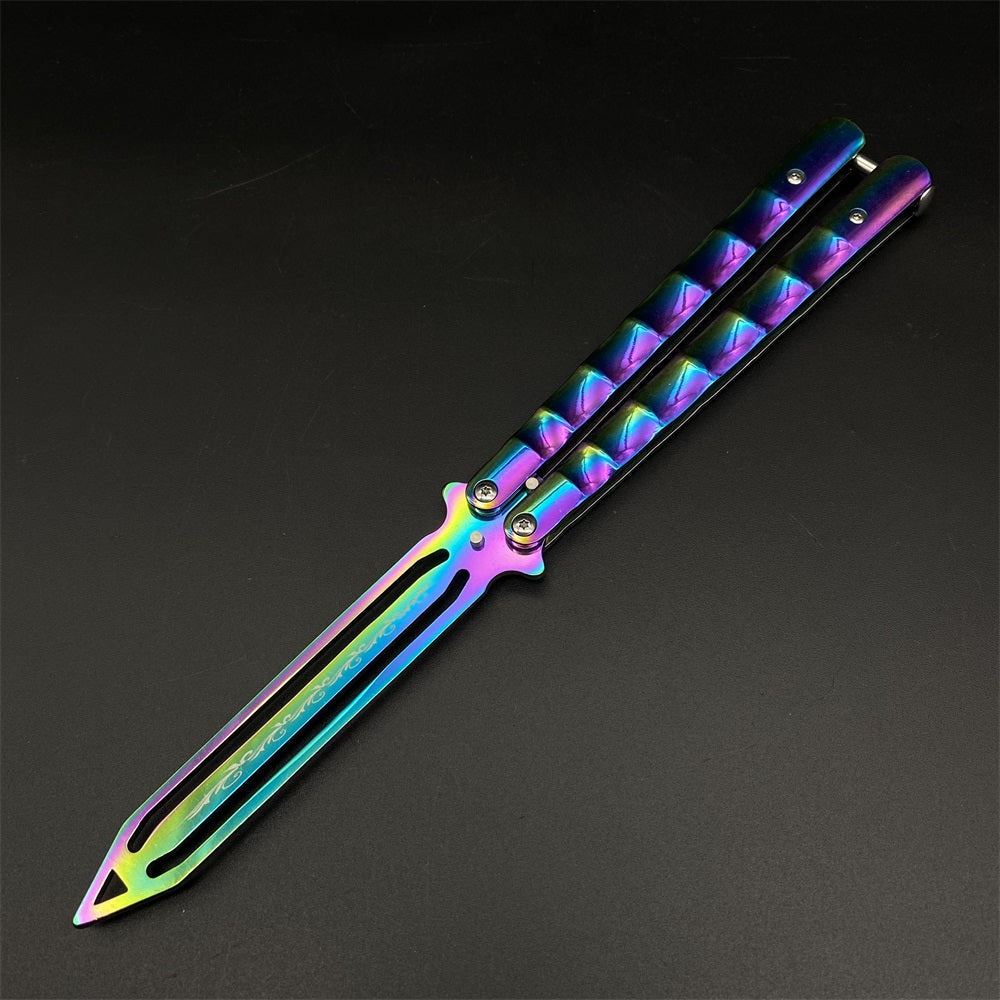 Stainless Steel Blunt Blade Rainbow Color Sword Head Comb Balisong Training Knife EDC - Tophatter Daily Deals