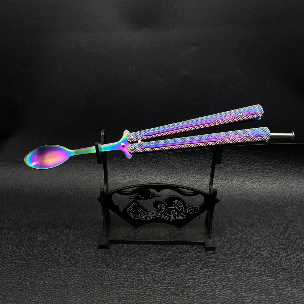 Stainless Steel Rainbow Fork Spoon Balisong Butterfly Trainer Spoon & Stand - Tophatter Daily Deals