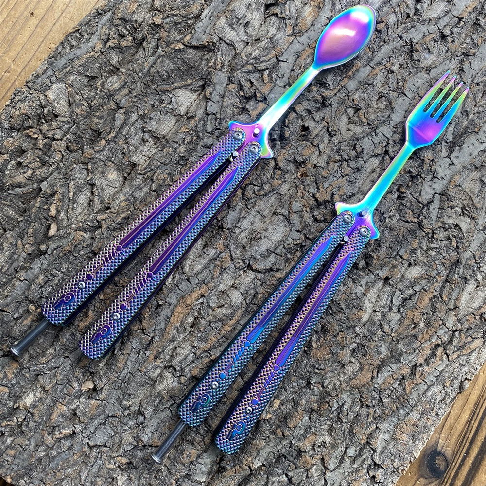 Stainless Steel Rainbow Fork Spoon Balisong Butterfly Trainer - Tophatter Daily Deals