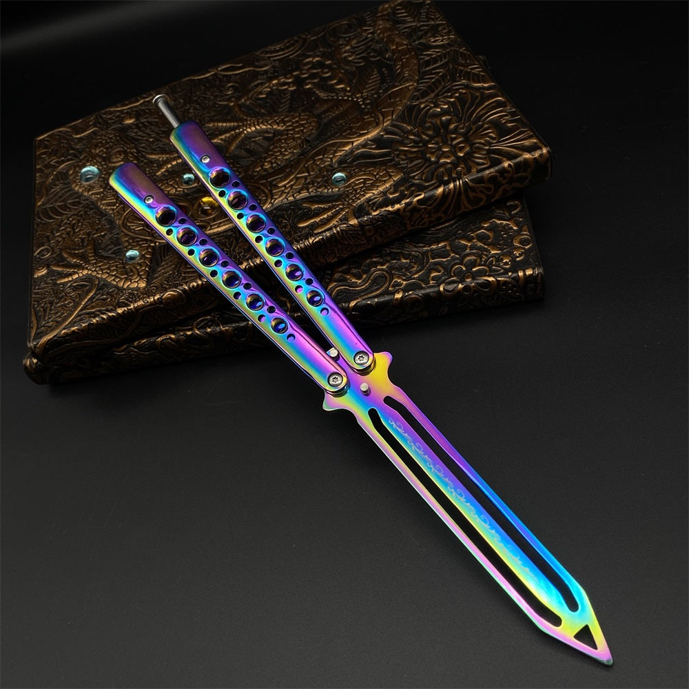 Stainless Steel Blunt Blade Rainbow Color Sword Head Comb Balisong Training Knife EDC - Tophatter Daily Deals