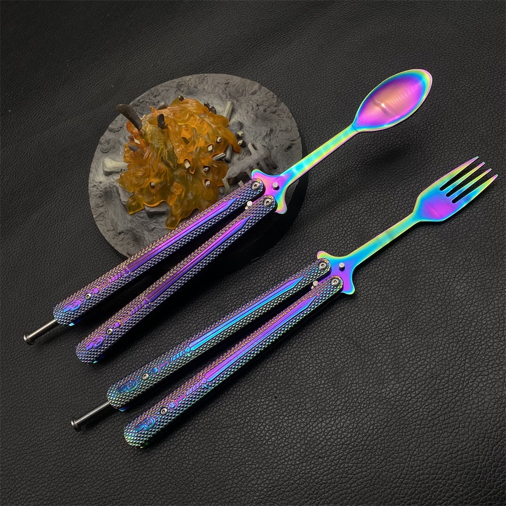Stainless Steel Rainbow Fork Spoon Balisong Butterfly Trainer - Tophatter Daily Deals