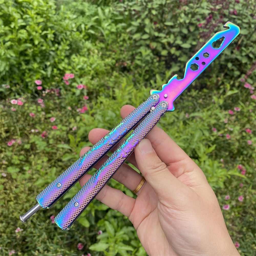 Stainless Steel Rainbow Color Scorpion Relief Blunt Blade Balisong Butterfly Knife Trainer Trainer B - Tophatter Daily Deals