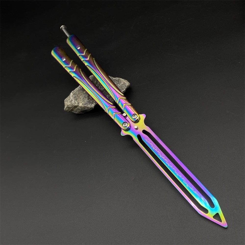 Stainless Steel Blunt Blade Rainbow Color Sword Head Comb Balisong Training Knife EDC - Tophatter Daily Deals