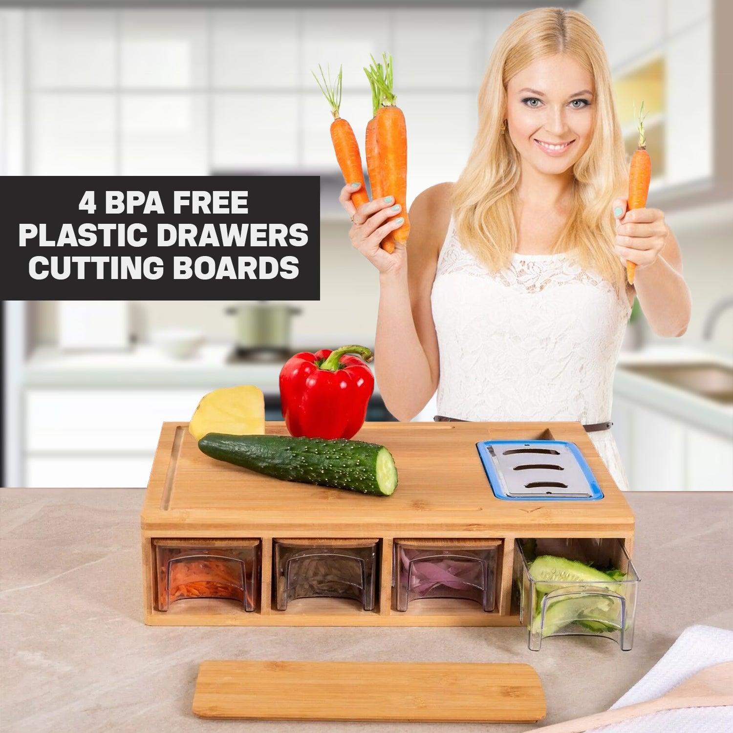 Wooden Chopping Board - Large Bamboo Wood Chopping Board With 4 BPA Free Plastic Drawers Cutting Boards Home - Tophatter Daily Deals