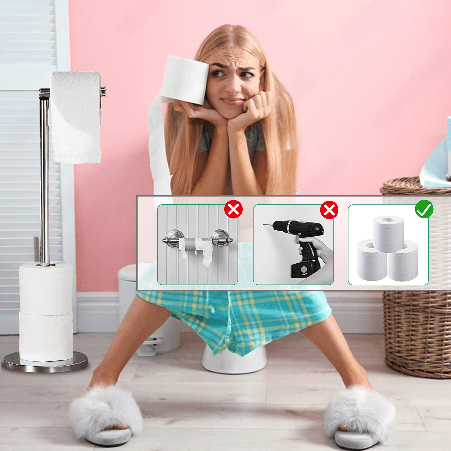Standing Toilet Paper Holder - 5 Loop Roll Toilet Holder Stand No Drill Easy Setup Tools - Tophatter Daily Deals