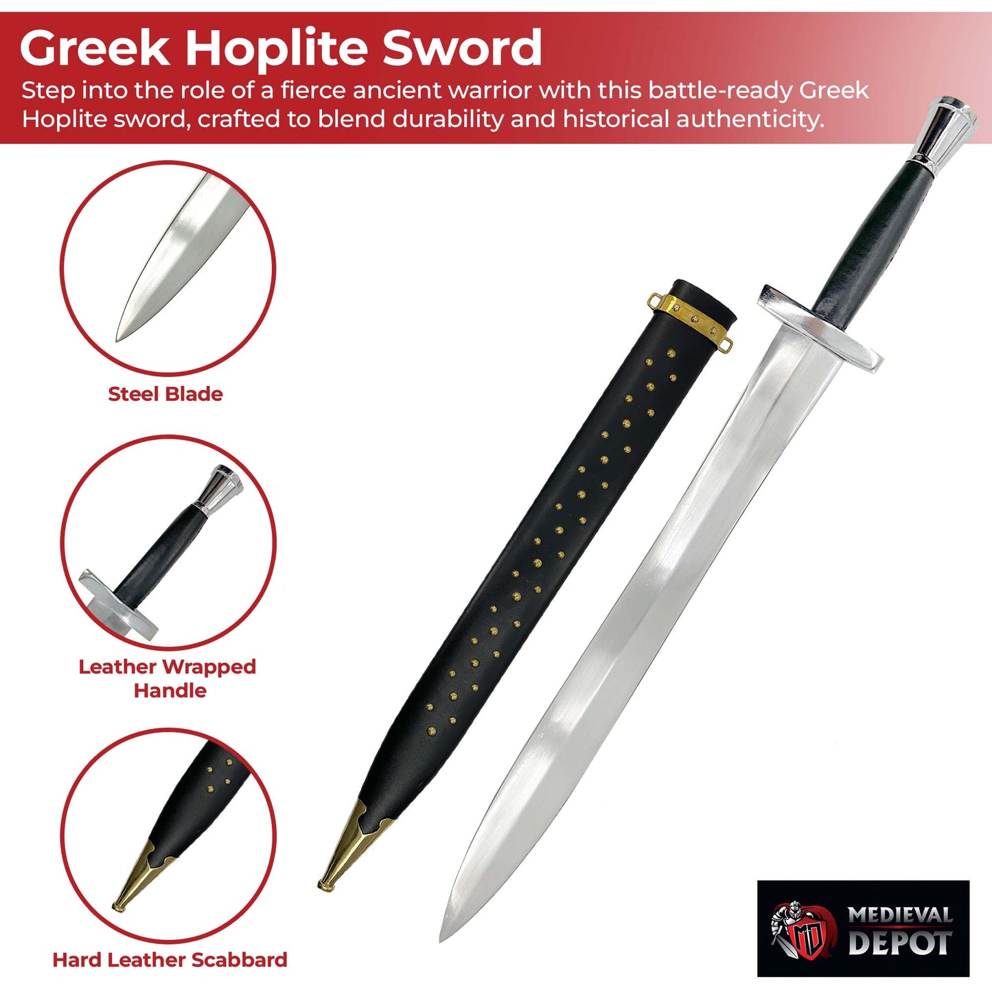 Battle Ready Greek Hoplite Sword with Leather Wrapped Handle Swords - Tophatter Daily Deals