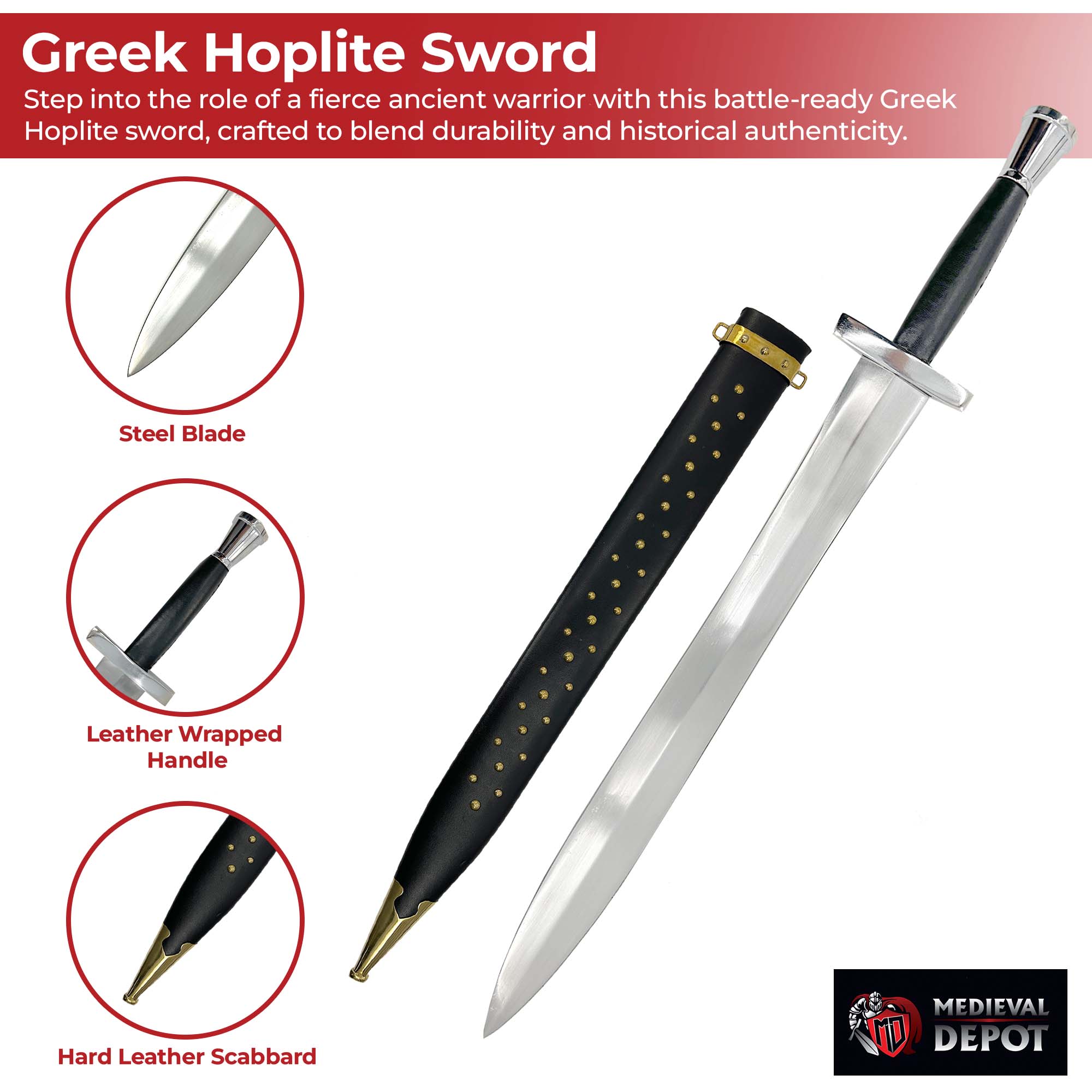 Battle Ready Greek Hoplite Sword with Leather Wrapped Handle Swords - Tophatter Daily Deals