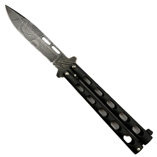 Bear & Son - Butterfly Knife - Damascus - Drop Point - Black Zinc Handles - 115D Butterfly Knives - Tophatter Daily Deals