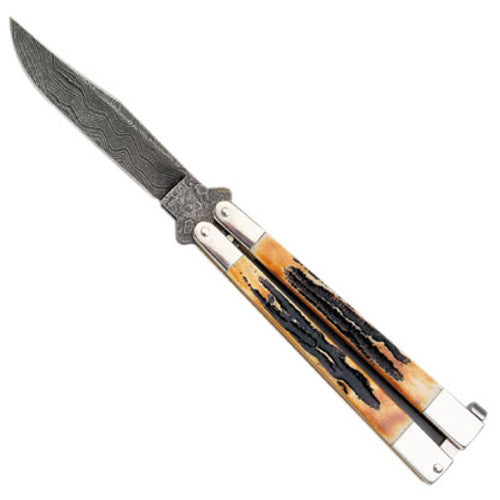 Bear & Son - Damascus - 5” Genuine India Stag Bone - Butterfly - 517D Knives - Tophatter Daily Deals