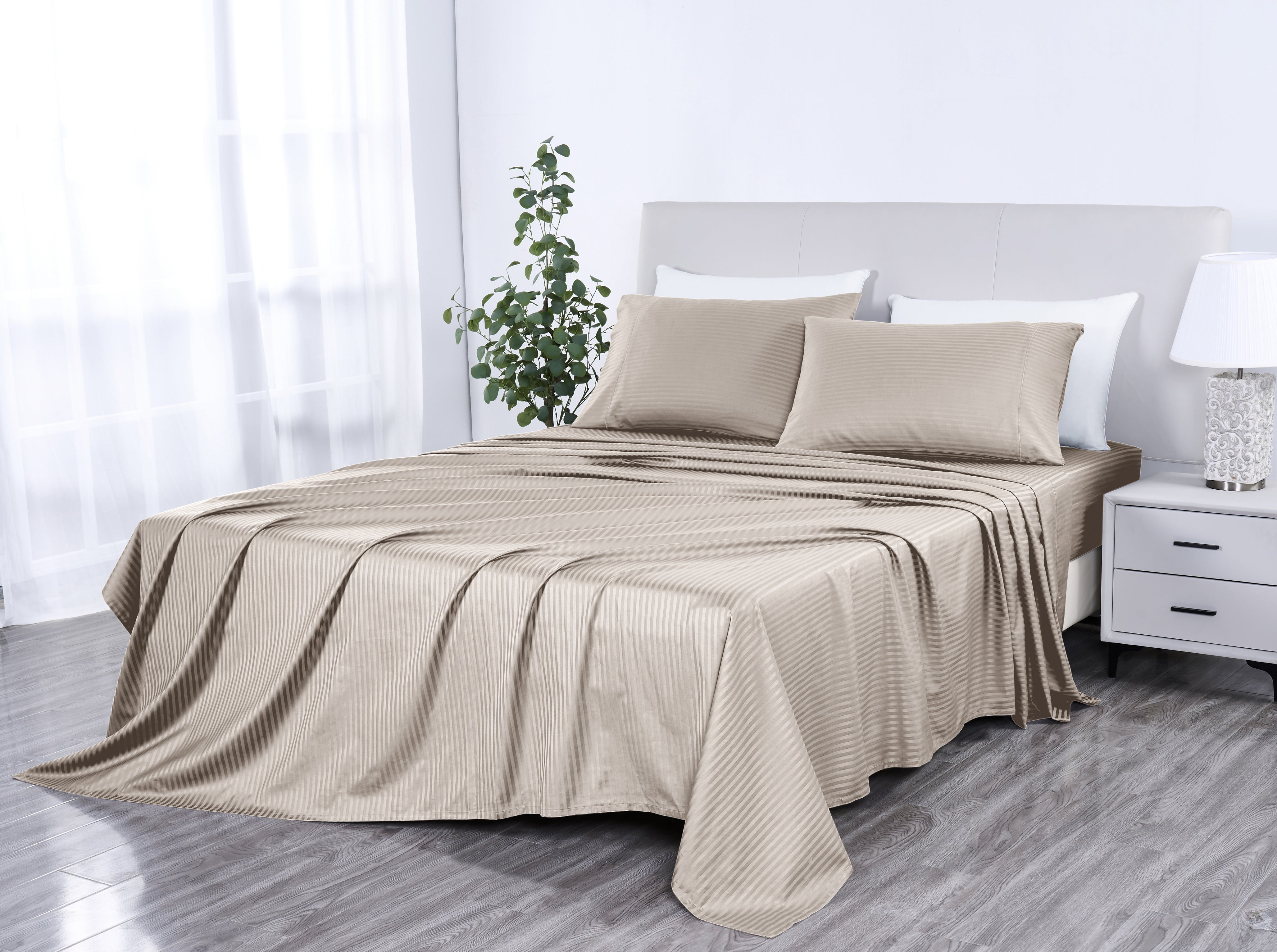 Kathy Ireland 500 Thread Count Damask Stripe Sheet Set with Optifit Beige Bedding - Tophatter Daily Deals