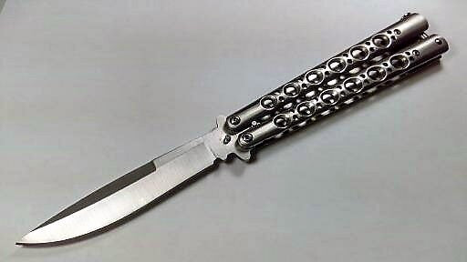 Classic Silver Butterfly Knife 440C Balisong Sandwich w/ Spring Latch Knife-Balisong - Tophatter Daily Deals