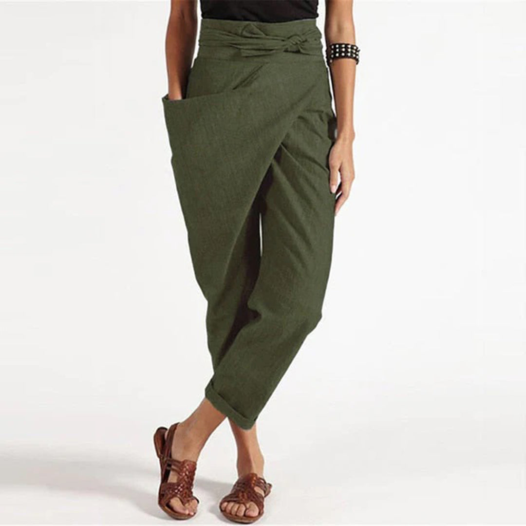 Breathable women's cropped pants – front knot design, polyester, for summer Green Women's cropped trousers - Tophatter Daily Deals