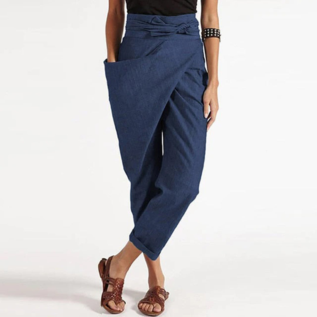 Breathable women's cropped pants – front knot design, polyester, for summer Navy blue Women's cropped trousers - Tophatter Daily Deals