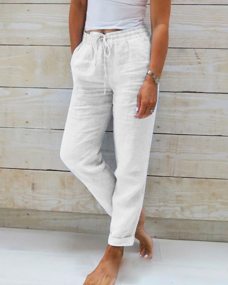 Breathable women's linen pants – elastic waist, high-quality fabric, for versatile occasions White Pants - Tophatter Daily Deals