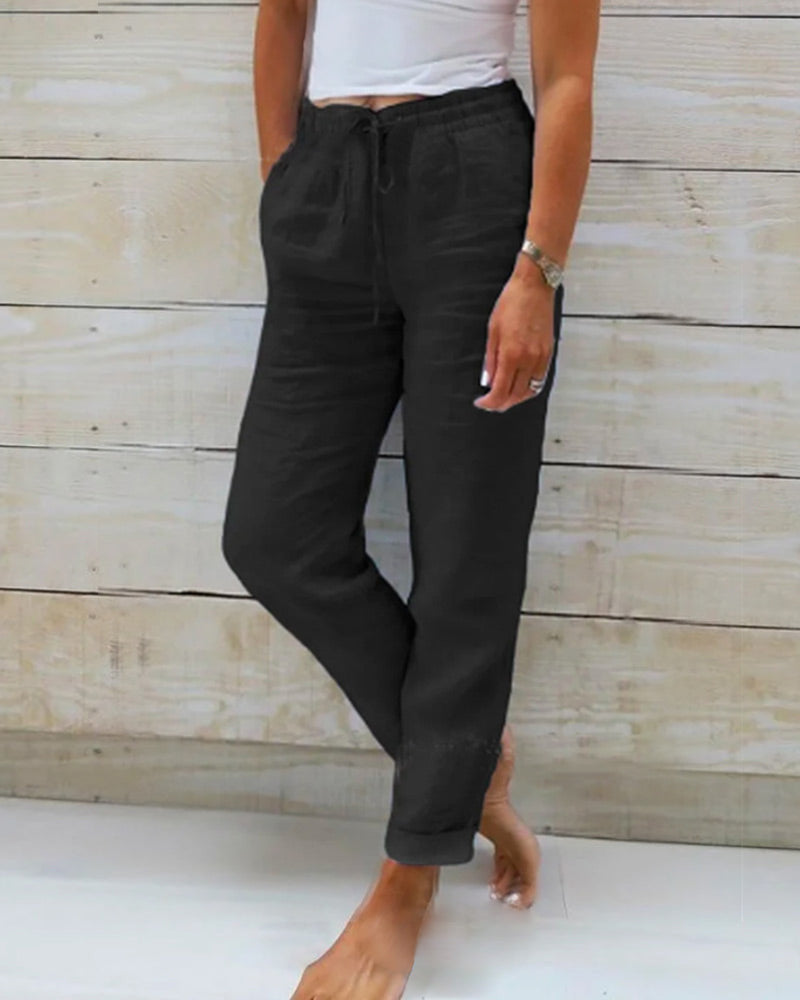 Breathable women's linen pants – elastic waist, high-quality fabric, for versatile occasions Black Pants - Tophatter Daily Deals