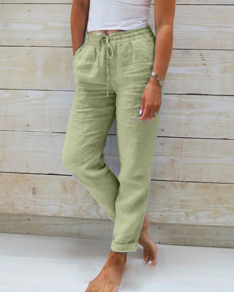 Breathable women's linen pants – elastic waist, high-quality fabric, for versatile occasions Green Pants - Tophatter Daily Deals