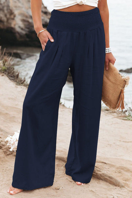 Breathable women’s high-waist pants – relaxed fit, stretchy linen, for office and casual outings Navy blue Casual pants - Tophatter Daily Deals