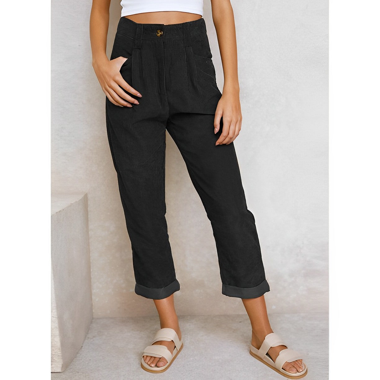 Breathable women's corduroy pants – straight cut, lightweight material, for everyday wear Black Women's trousers - Tophatter Daily Deals