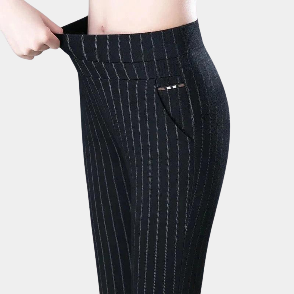 Comfortable women’s stretch trousers – high waist, flexible material, for casual and office wear Black striped Women's trousers - Tophatter Daily Deals