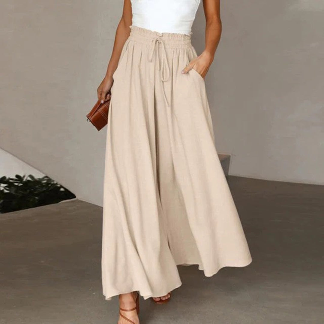 Breathable women's wide-leg pants – high-waisted, lightweight fabric, for summer outings Beige Women's leisure trousers - Tophatter Daily Deals
