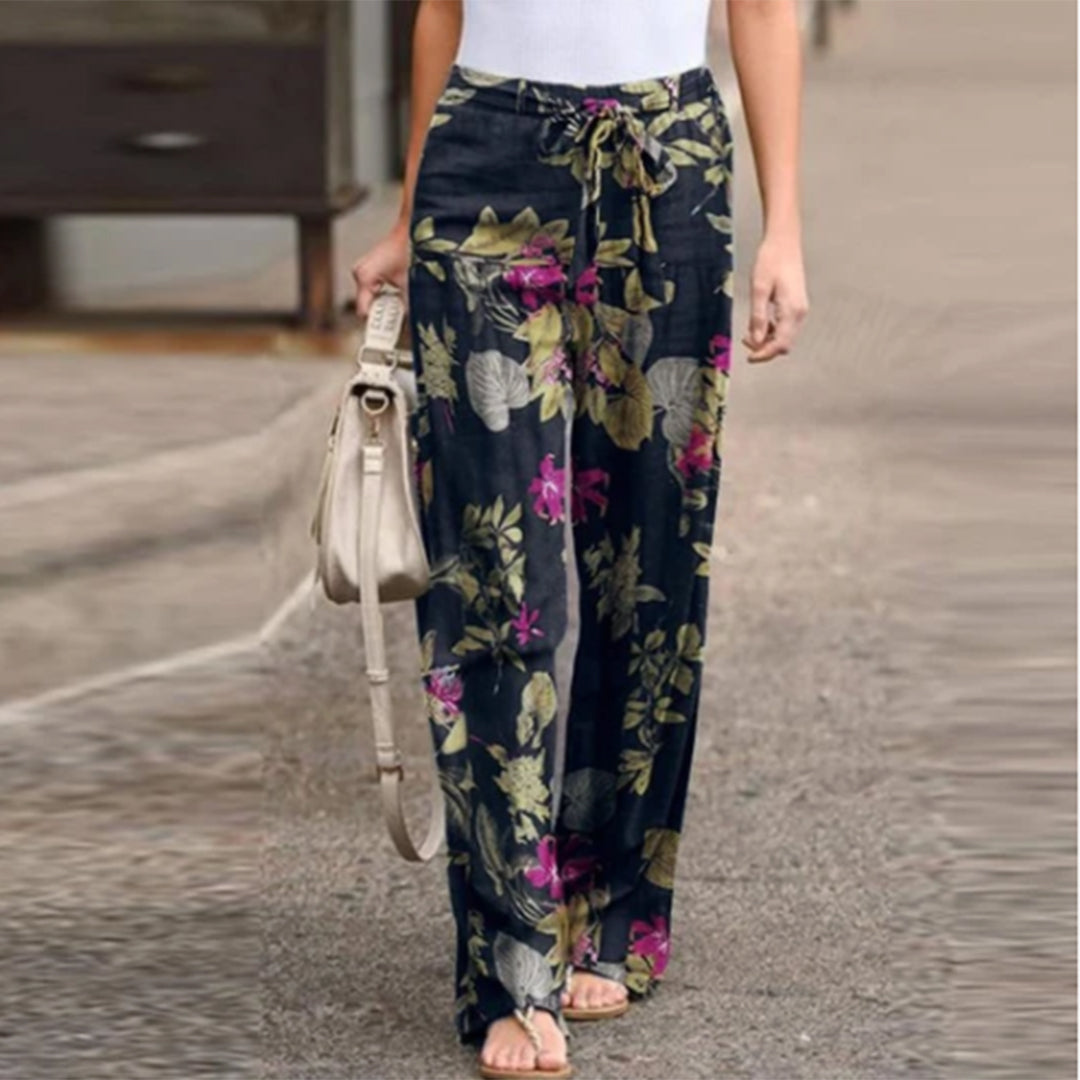 Lightweight women's summer pants – mid-rise floral design, breathable polyester, for casual outings Blue Pants - Tophatter Daily Deals