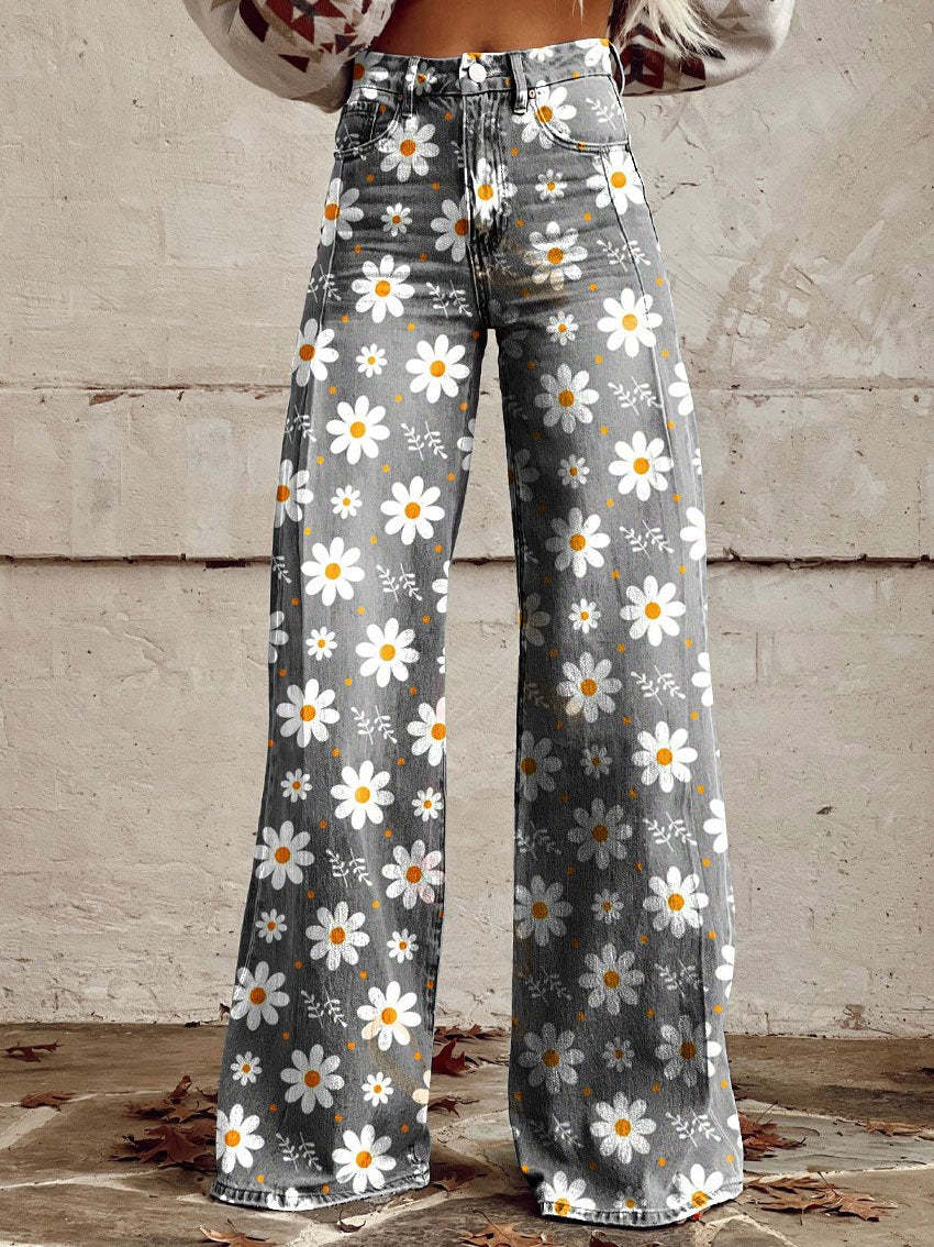 Comfortable women’s wide-leg jeans – floral print design, cotton blend, for casual outings White flowers jeans - Tophatter Daily Deals