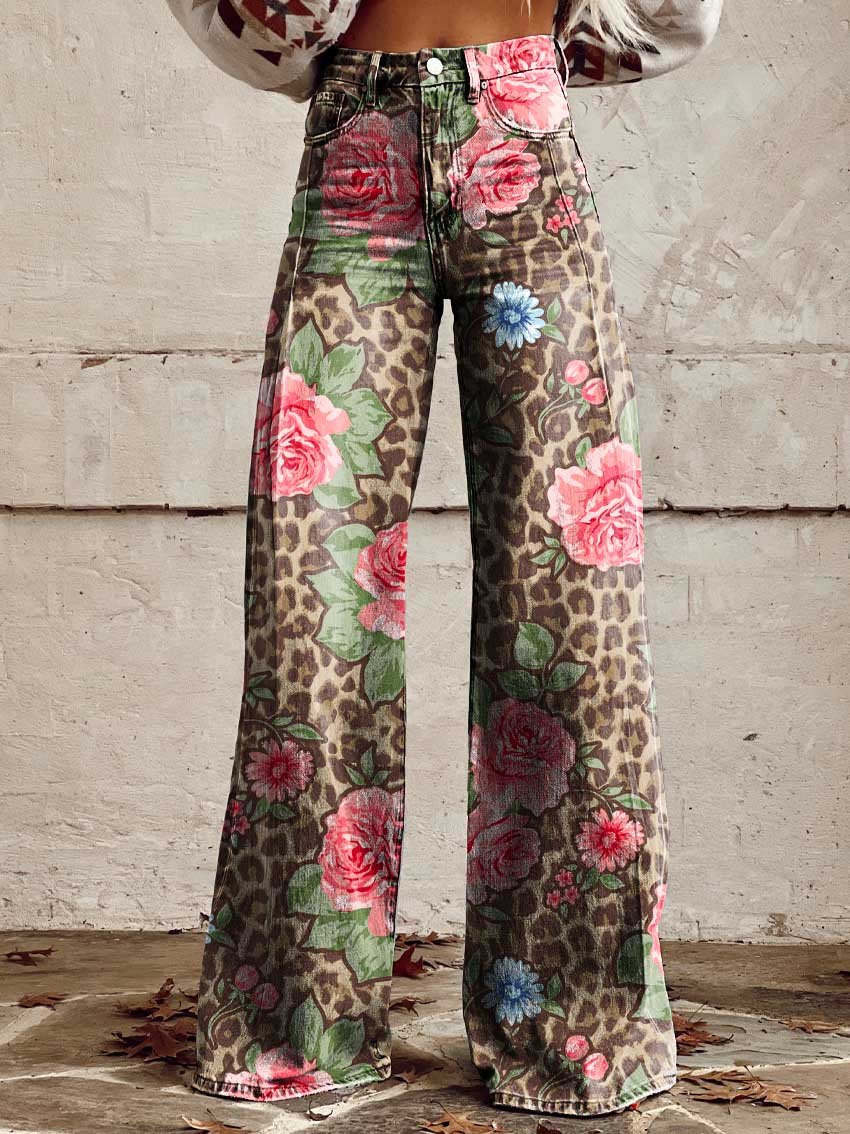 Comfortable women’s wide-leg jeans – floral print design, cotton blend, for casual outings Pink Leopard jeans - Tophatter Daily Deals