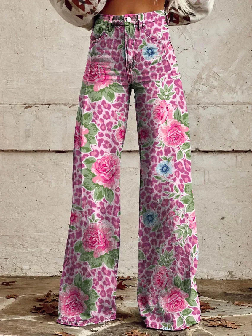 Comfortable women’s wide-leg jeans – floral print design, cotton blend, for casual outings Pink flowers jeans - Tophatter Daily Deals