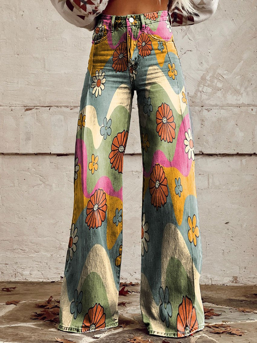 Comfortable women’s wide-leg jeans – floral print design, cotton blend, for casual outings Waves and blossom jeans - Tophatter Daily Deals