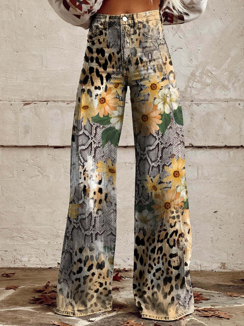 Comfortable women’s wide-leg jeans – floral print design, cotton blend, for casual outings leopard jeans - Tophatter Daily Deals