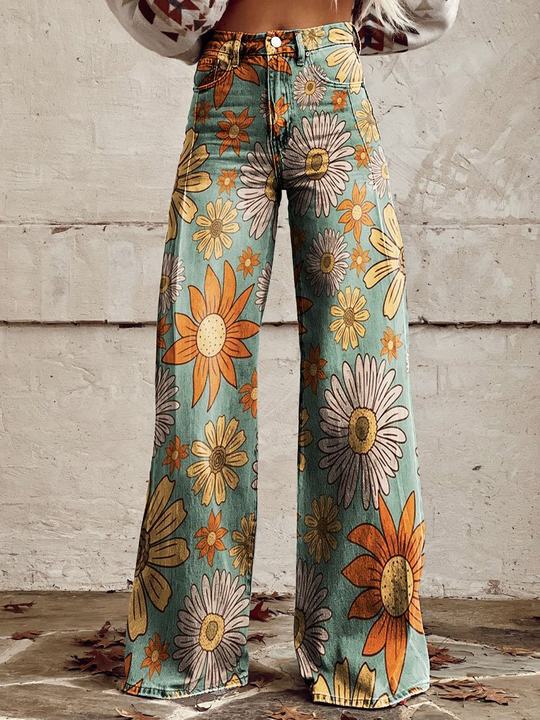 Comfortable women’s wide-leg jeans – floral print design, cotton blend, for casual outings blossom jeans - Tophatter Daily Deals