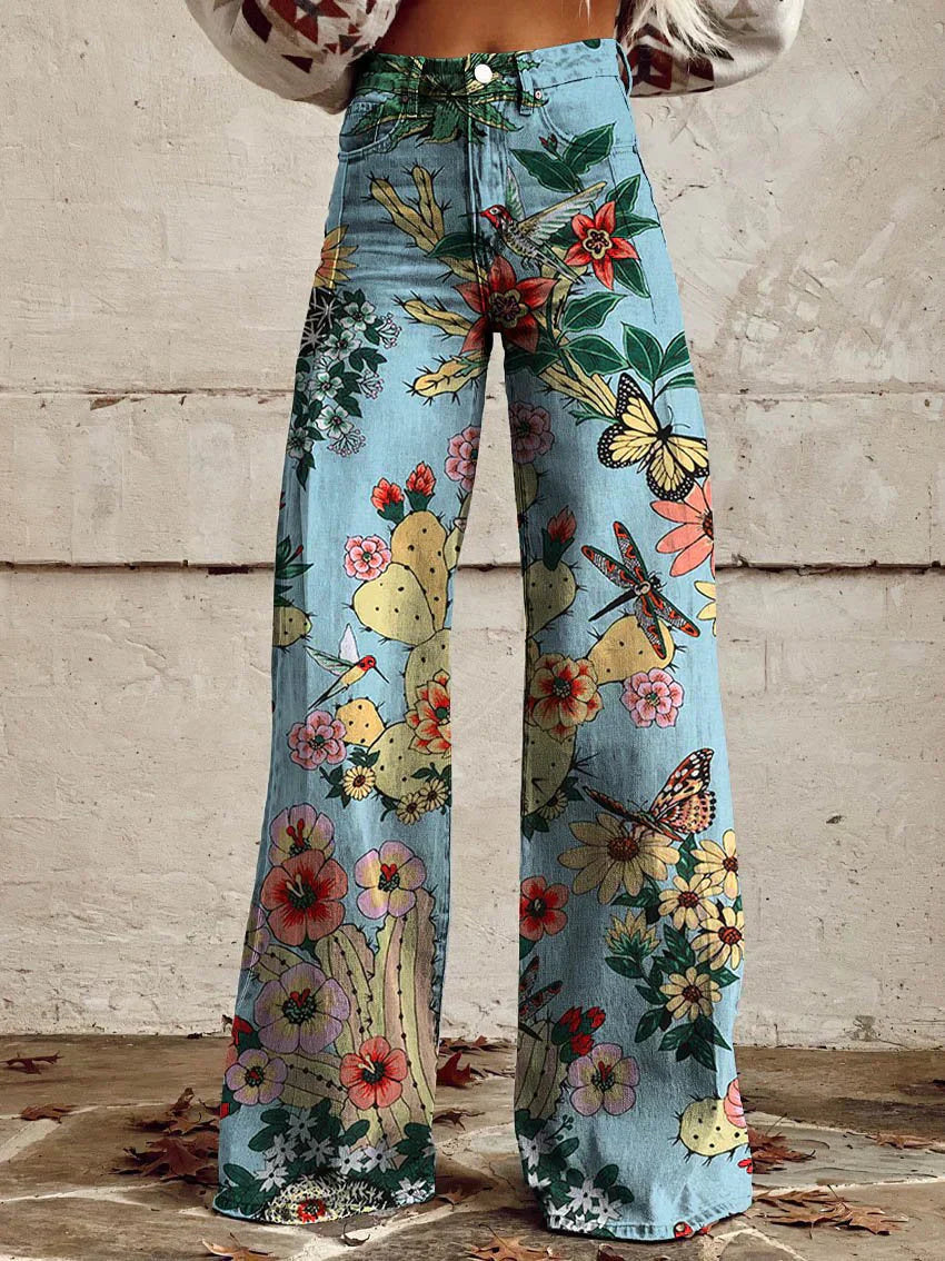 Comfortable women’s wide-leg jeans – floral print design, cotton blend, for casual outings Blue Forest jeans - Tophatter Daily Deals